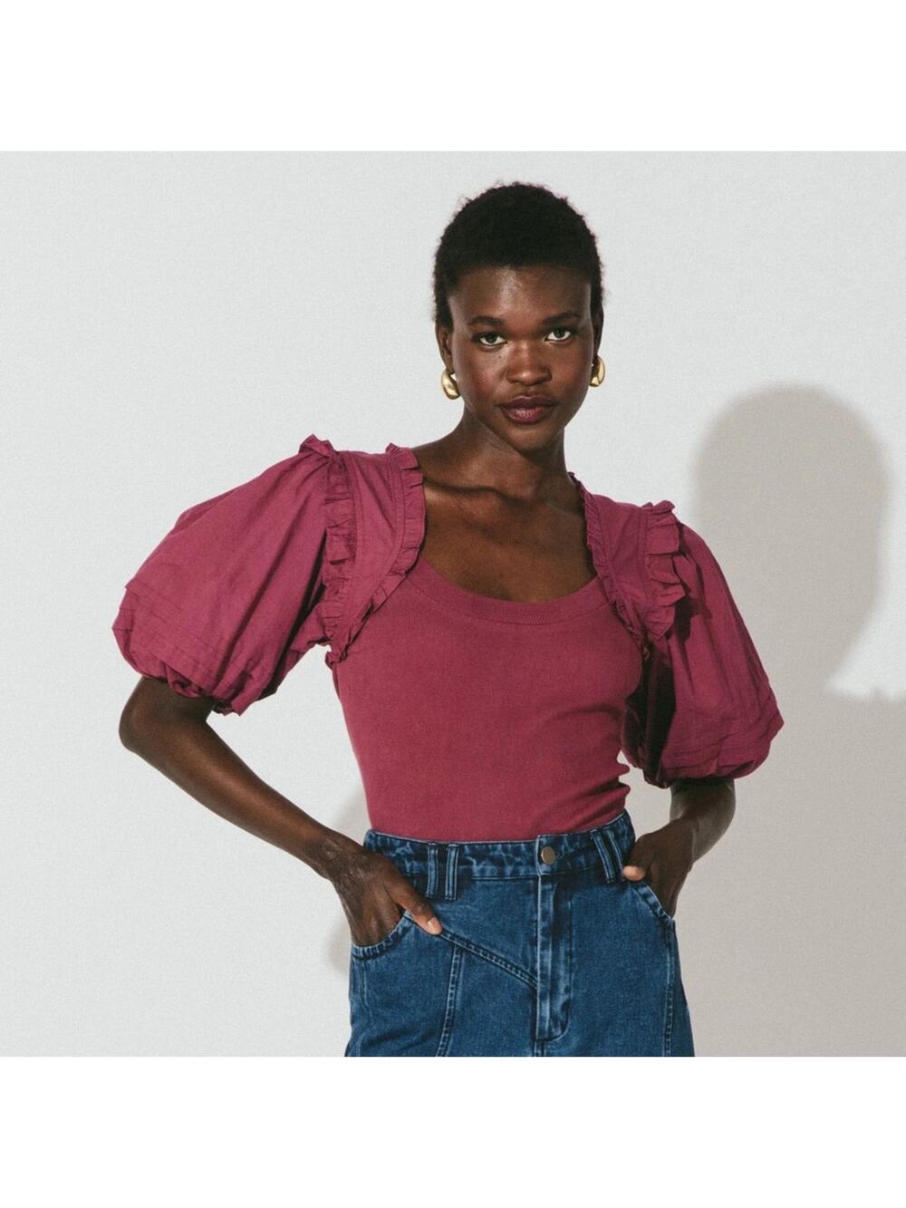 Cleobella Lois Short Puff Poplin Sleeve Blouse in Plum Size XS